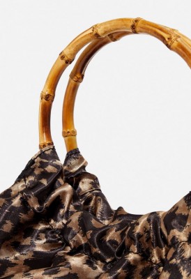 L. Pleated Bamboo Handle Clutch - Leopard